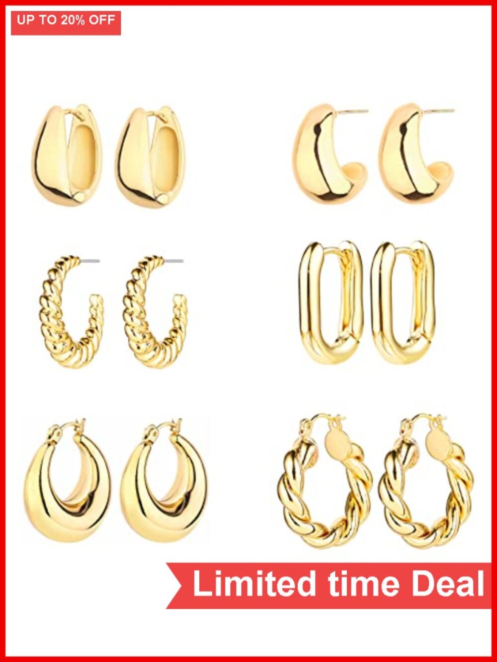 6 Pairs 14K Gold Plated Hoop Earrings for Women Lightweight Hypoallergenic